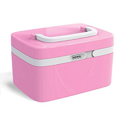 Makeup Organizer Box Girly Pink Cosmetic Jewelry Organizer with Combination Lock and Compartments