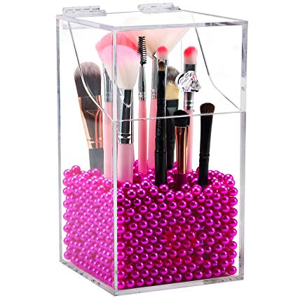 Clear Cosmetic Brush Organizer,Acrylic Brush Holder with Lid,Dust-proof Makeup Brush Holder with Free Rosy Pearls for Vanity Counter-top - NEWCREA