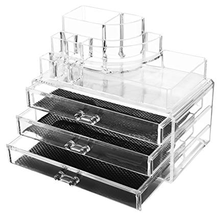 Dorfin Acrylic Makeup Organizer Cosmetics Storage Case Display Sets 3 Drawers with 16 Top Compartments Space- Saving -9.4 