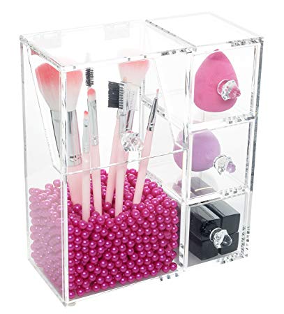 KAIYEE 3 Drawers and 1 Brush Holder Clear Acrylic Jewelry Makeup Cosmetic Storage Organizer