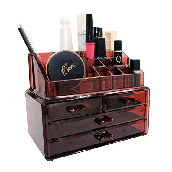 Switol Design Acrylic Jewelry & Cosmetic Makeup Organizer Storage Display Boxes, Two Pieces Drawers Set (Burgundy)