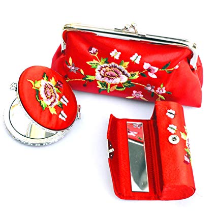 Yisige (3 PCS SET) Embroidery Lipstick Case Cosmetic Bag Makeup Mirror with satin Silky Fabric Case