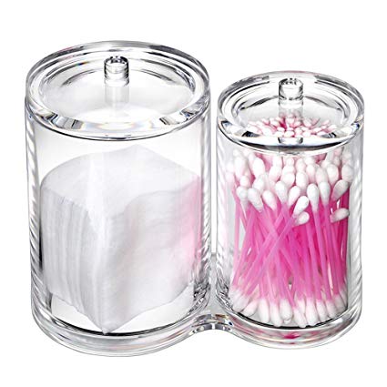 Eagsouni Clear Acrylic Cotton Ball & Swab Q-tip Holder Organizer Storage Box Round Container for Makeup Cosmetic Pads, 2 Compartment