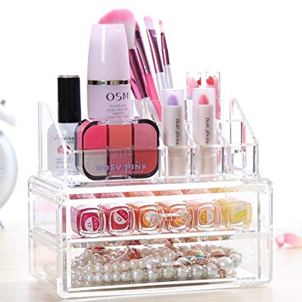 Acrylic Makeup Organizer iTrustech Jewelry & Cosmetic Storage Display Boxes Bins Bathroom Counter Cases Holders (2 Space-saving Drawers & 6 Lipstick Holder)