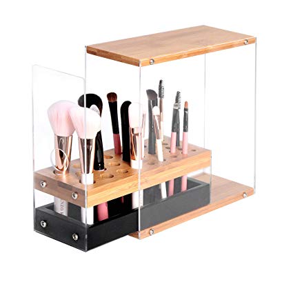 JackCubeDesign 31 Holes Acrylic Bamboo Brush Holder Organizer Beauty Cosmetic Display Stand with Leather Drawer(Black, 8.77 x 3.38 x 8.46inches) – :MK228C