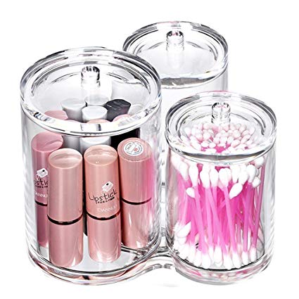 Eagsouni Clear Acrylic Cotton Ball & Swab Q-tip Holder Organizer Storage Box Round Container for Makeup Cosmetic Pads, 3 Compartment