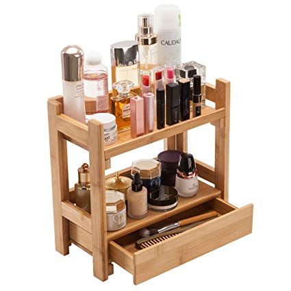 Gobam Makeup Organizer Holder Cosmetic Storage Bathroom Organizer Display Shelf with Drawer, Large Capacity, Perfect Gift for Mom & Wife, Natural Bamboo