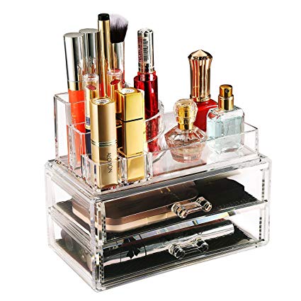 Flagup Clear Acrylic Cosmetic Makeup Storage Case Display 2 Pieces Set Desktop Box Case Containers
