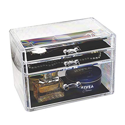 d'Moda Designs Crystal Clear Acrylic, Deluxe Deep Drawer Makeup and Jewelry Organizer with Large and Deep Storage Drawers for Lipstick, Brushes, Nail Polish, Compacts and Cosmetics