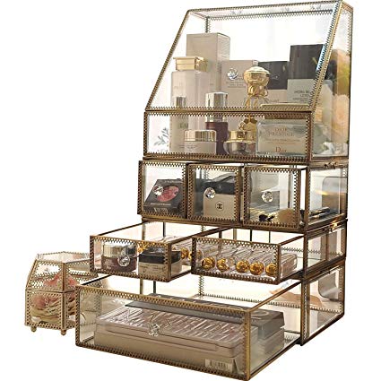 Antique Large 4 Tier Clear Glass with Brass Metal Cosmetic Makeup Storage Cube Organizer with 6 Drawers. It Consists of 4 Separate Organizers, Each of Which Can be Used Individually