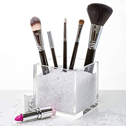 Acrylic Makeup Brush Holder & Countertop Cosmetic Organizer with Beautiful CLEAR Crystals. #1 Makeup Organization to Store Your Best Brushes, Eyeliners, Pencils, Lipstick etc. Great Gift Idea!