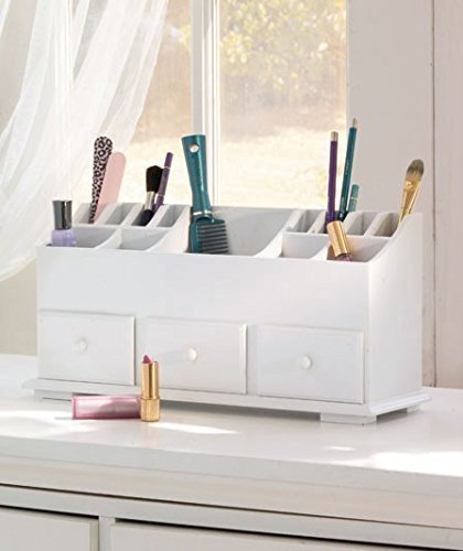 VANITY DRAWER BEAUTY ORGANIZER 3 Drawers - White Wooden Cosmetic Storage Box for Neat & Organize Storing of Makeup Tools, Small Accessories at Home & Office for Vanities & Bathroom Counter-top