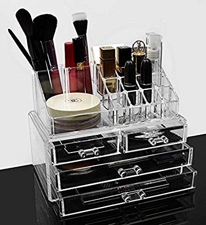 Flyerstoy Acrylic Jewelry & Cosmetic Storage Makeup Organizer Clear Display Boxes Two Pieces Set [US Stock] (Makeup Organizer_Clear)