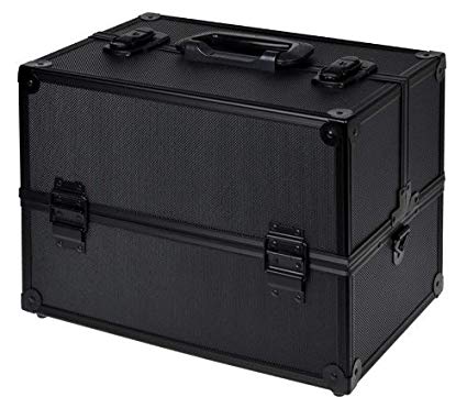 TMS Black Aluminum Makeup Cosmetic Jewelry Storage Case Box Lockable w/ Tiers Strap