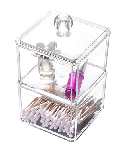 Choice Fun 2 Tiers Square Acrylic Makeup Storage and Cotton Swab Holder with Lid Transparent QFJJSN-NSF-1182