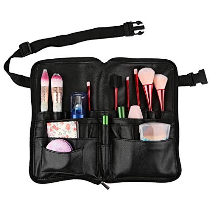 TRADERPLUS 22 Pockets Foldable PU Leather Cosmetic Makeup Brush Bag Zipper Organizer Makeup Apron with Adjustable Artist Belt Strap