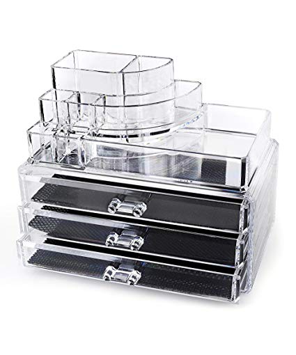 Home-it Clear acrylic makeup organizer cosmetic organizer and Large 3 Drawer Jewerly Chest or makeup storage ideas Case Lipstick Liner Brush Holder make up boxes Organizer measures (10