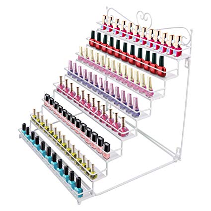 DoubleWin [Metal Heart Design] 8-Layer Scrollwork White Metal Nail Polish Rack/Makeup Storage Table Top Display Stand (Holds up to 80 Bottles)