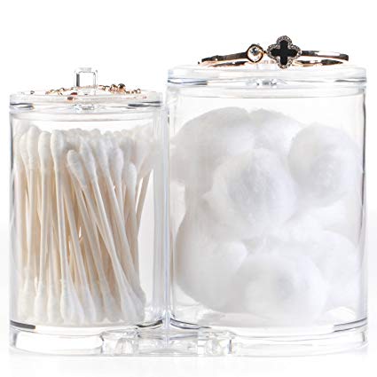 HUJI Clear Acrylic Cosmetic Organizer With Lids for Cotton Ball and Swab Make up Wipes Pads For Bathroom Accessories Container (2 Organizer, Clear Acrylic Cosmetic Organizer)