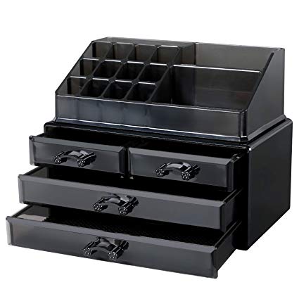 SONGMICS Makeup Organizer 4 Drawers Cosmetic Storage Display with 15 Top Compartments 2 Pieces Set Black UJMU04B