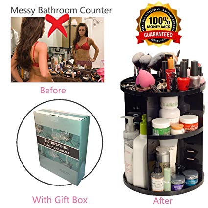 DQ 360 Degree Rotating Makeup Organizer,Bathroom Cosmetic Storage Box,Beauty Makeup Holder,Bathroom Counter Organizer for transformed bathroom counter(black)