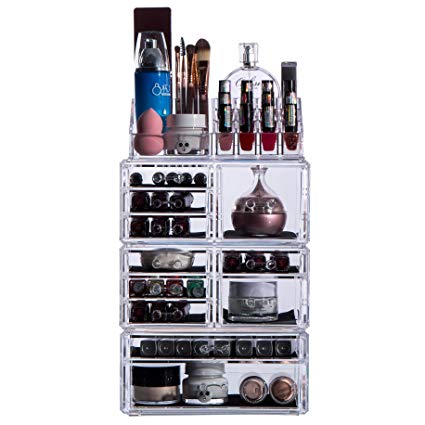 PengKe Makeup Organizer Large Capacity Acrylic Cosmetic Storage Case and Jewelry Display Box,all Bathroom Accessories keep your Vanity & Dresser Organized with set of 11 Drawers,Set of 4