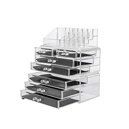 Acrylic 3 piece Makeup Organizer 7 Drawers Cosmetic Organizers Jewelry and Cosmetic Storage Grid Holders Display Box Colorless Two Piece Set with Removable Black Mesh Padding by Intriom