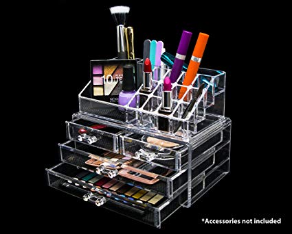 Novel Box Ultra Clear Acrylic Cosmetic & Jewelry 2-Piece Storage Organizer (Rectangular Top + 4 Drawers)