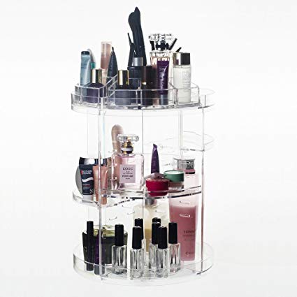 360° Rotating Acrylic Cosmetic Organizer with Adjustable Storage Compartments, 6-level adjustable panels, 14 storage slots on top for lipsticks or brushes