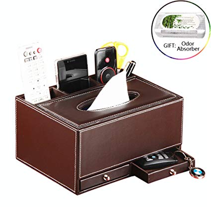 Multi-functional Pu Leather Desk Organizer Office Supply Caddy with Tissue Box Holder and 3 Compartments 2 Small Drawer,for Pencil,Remote Control ,Cosmetics Holder Organizer (Brown)