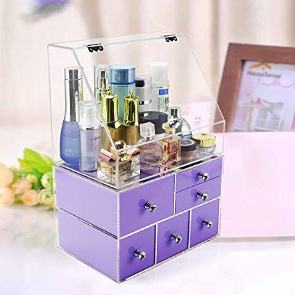Extra Large Acrylic Makeup Organizer Countertop With Clear Box Dustproof Lid and 6 Color Drawer Different Size for Cosmetic,Makeups,Big Storage - Violet