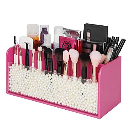 JackCubeDesign Makeup Organizer - Premium Quality - with White Pearls for Brush Holder and 3 Compartments (Pink, 11.8 x 4.9 x 5.3 inches)-:MK284B