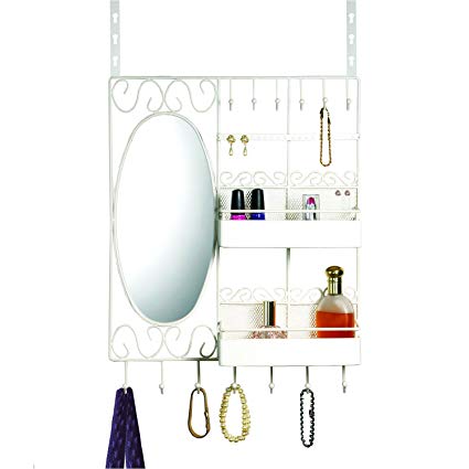 Home Basics Over The Door Vanity Scroll Jewelry and Cosmetic Organizer, White