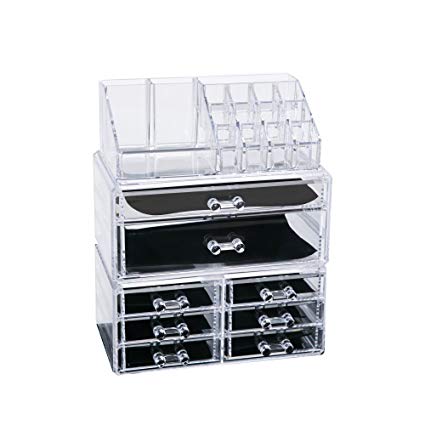 Clear Acrylic Cosmetic Storage Organizer, Boxes Makeup and Jewelry Organizer 8 Drawers and 3 Piece Set with Removable Black Mesh Padding