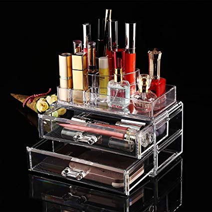 Dtemple Acrylic Cosmetic Makeup Jewelry Storage Case-Spacious Design-Great for Bathroom, Dresser, Vanity and Countertop(2 Drawers, 8 Compartments, Clear)