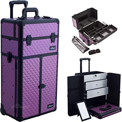 SunRise I3766DMPLB Purple Diamond Professional Rolling Aluminum Cosmetic Makeup Craft Storage Organizer Case French Door Opening with Large Drawers and Easy Slide Extendable Trays and Brush Holder