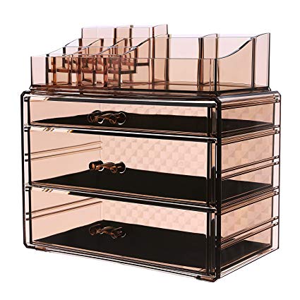 SONGMICS Makeup Organizer 3 Large Drawers Cosmetic Jewelry Storage Display Boxes with 14 Top Compartments 2 Pieces Set Tawny UJMU17T