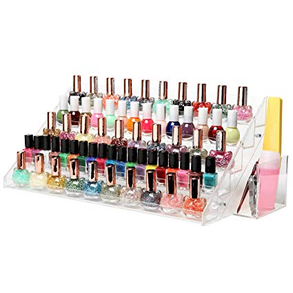 Clear Acrylic Nail Polish Organizer Rack, 6-Tier 60-Bottle Display Stand w/ Filer & Brush Cup Holder
